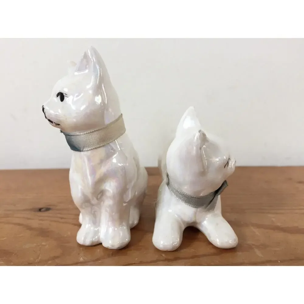 Vtg Occupied Japan White Lusterware Ceramic Porcelain Cat Kitty Kitten Figurines